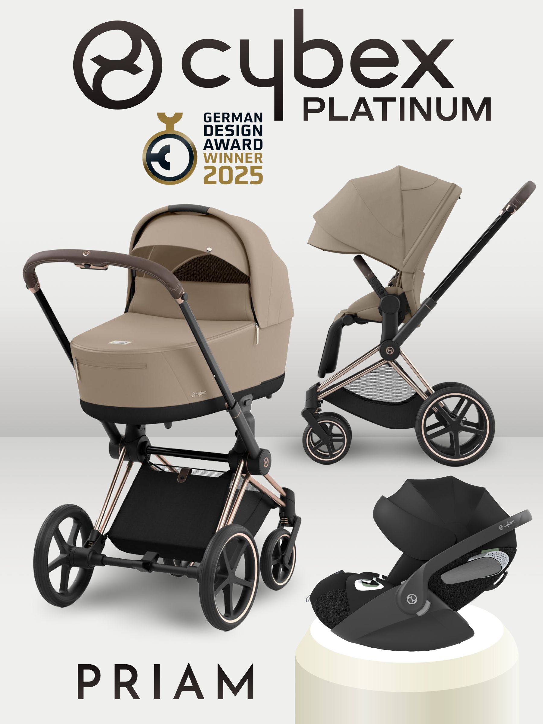 Cybex Priam IV 3 в 1 Rosegold цвет Cozy Beige с автокреслом Cybex Cloud T i-Size Sepia Blacк, коляска