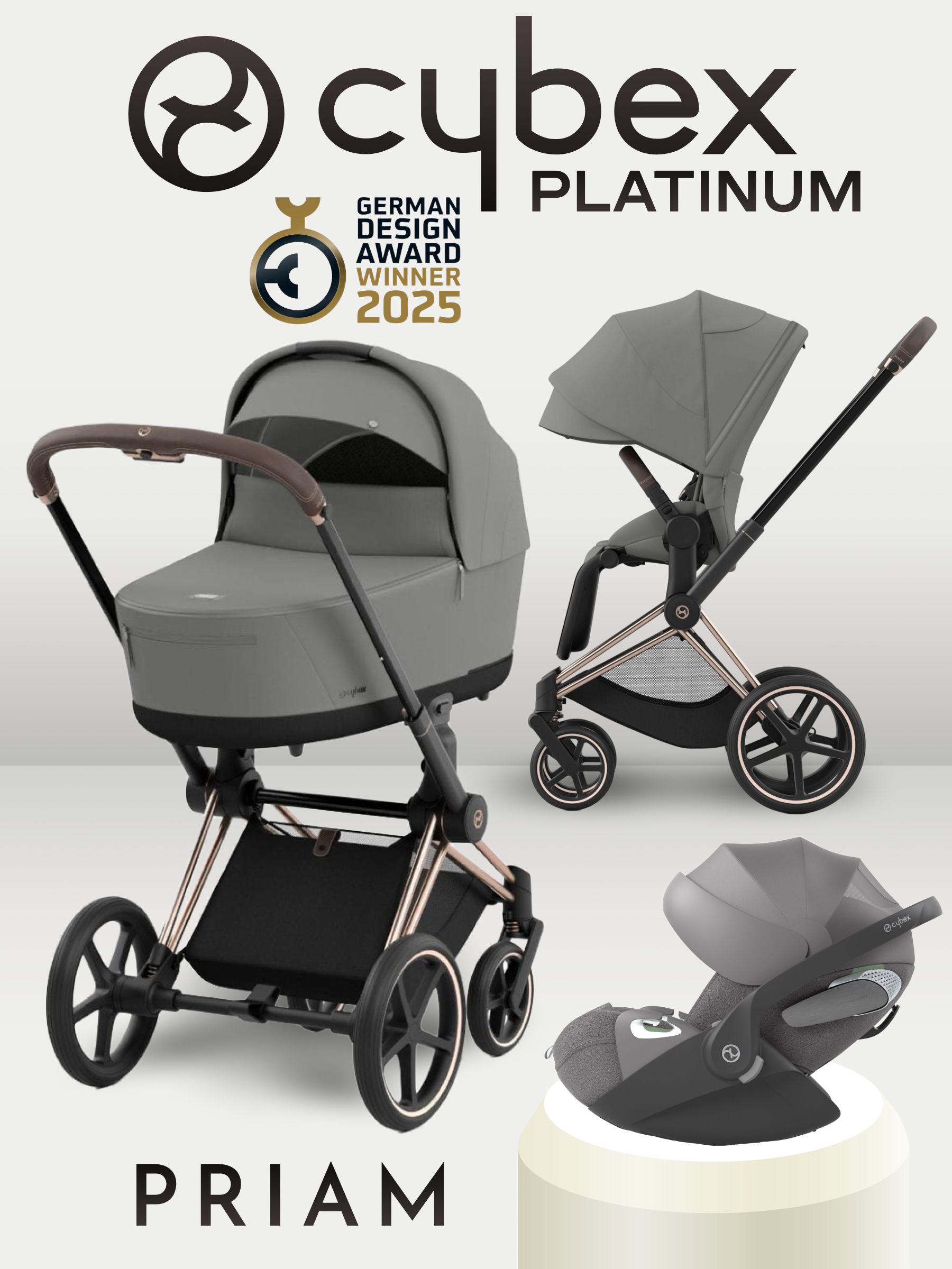 Cybex Priam IV 3 в 1 Rosegold цвет Mirage Grey с автокреслом Cloud T i-Size Plus Mirage Grey, коляска