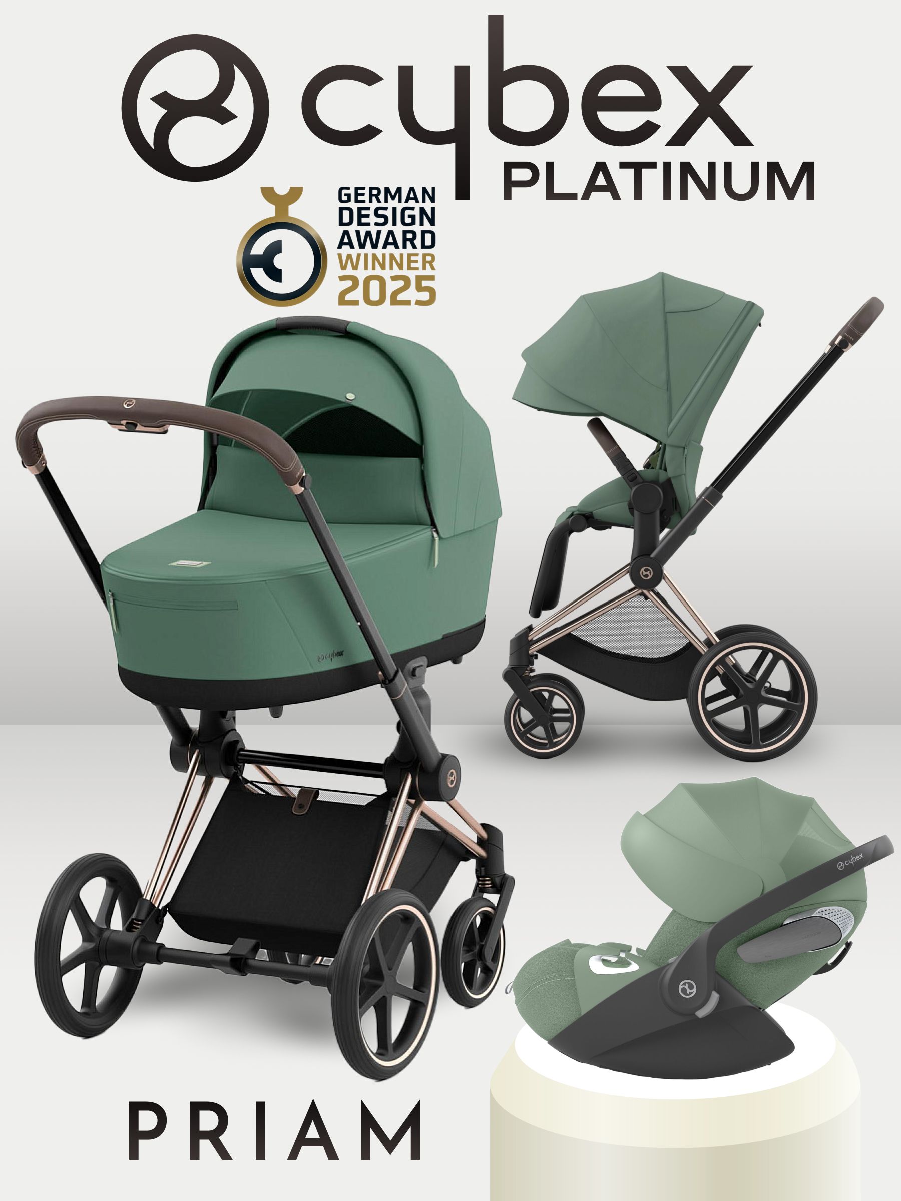 Cybex Priam IV 3 в 1 Rosegold цвет Leaf Green с автокреслом Cloud T i-Size Plus Leaf Green, коляска