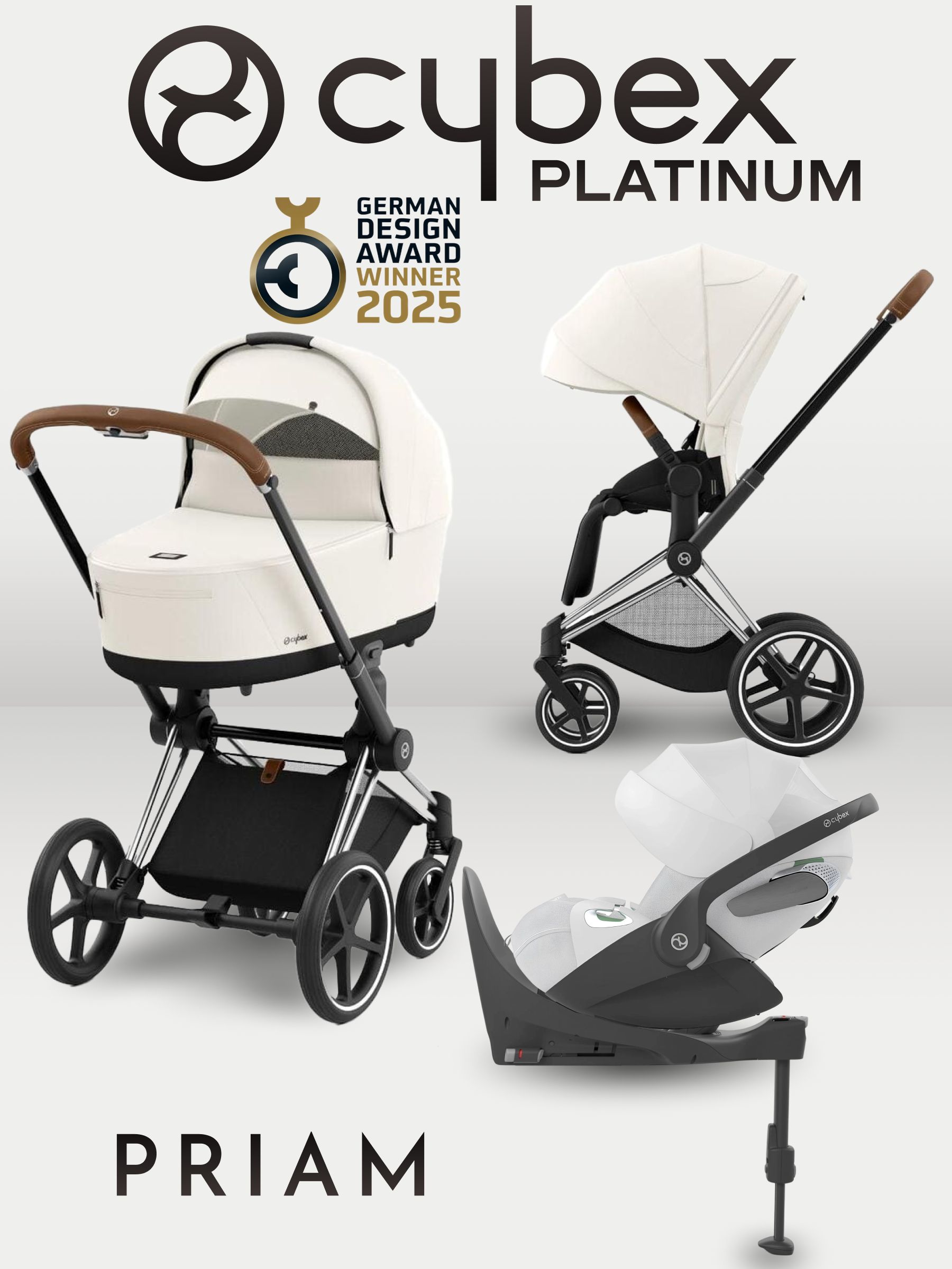 Cybex Priam IV 4 в 1 Chrome Brown цвет Off White с автокреслом Cloud T i-Size Plus Platinum White и базой Base T, коляска