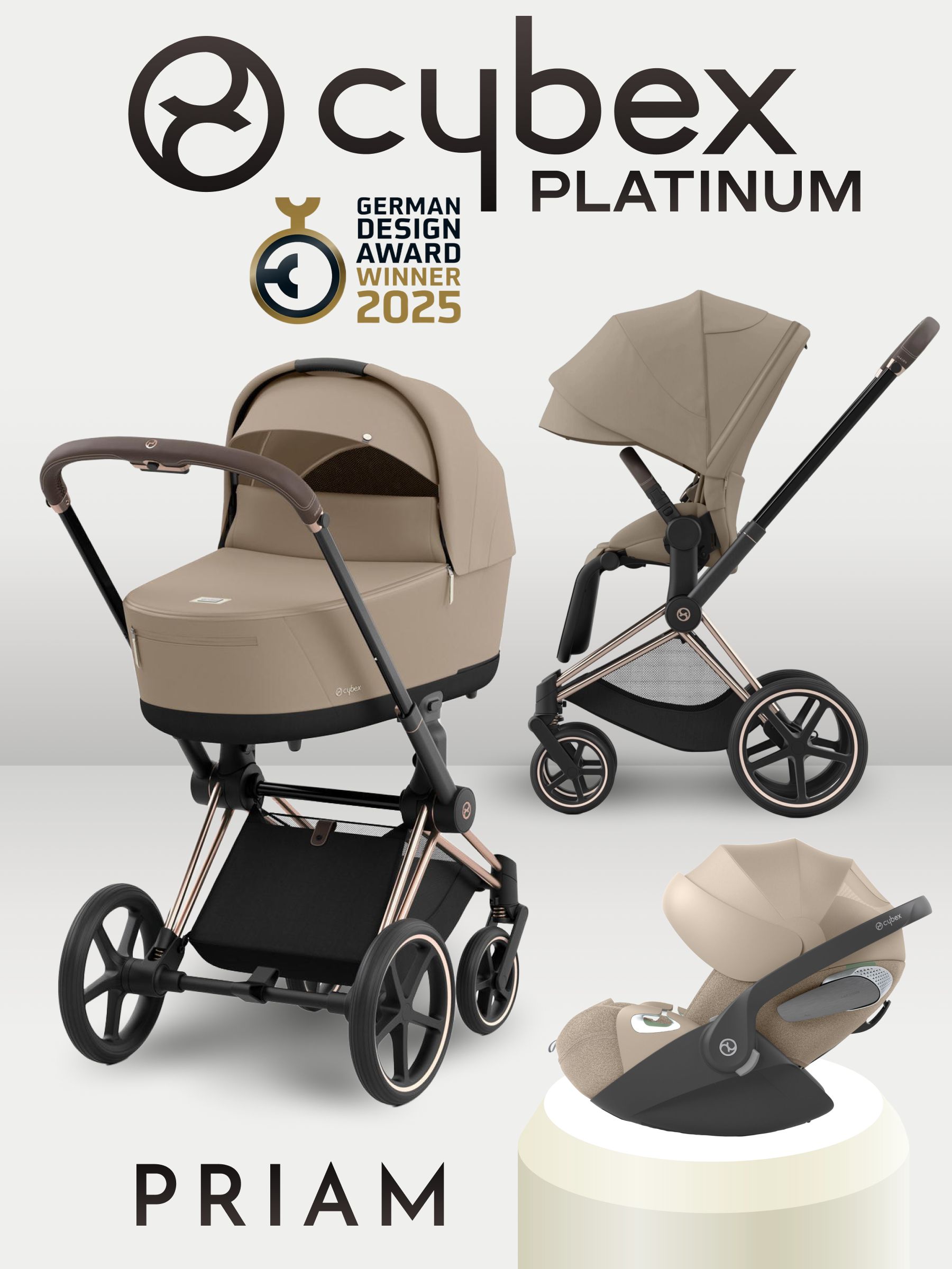 Cybex Priam IV 3 в 1 Rosegold цвет Cozy Beige с автокреслом Cloud T i-Size Plus Cozy Beige, коляска