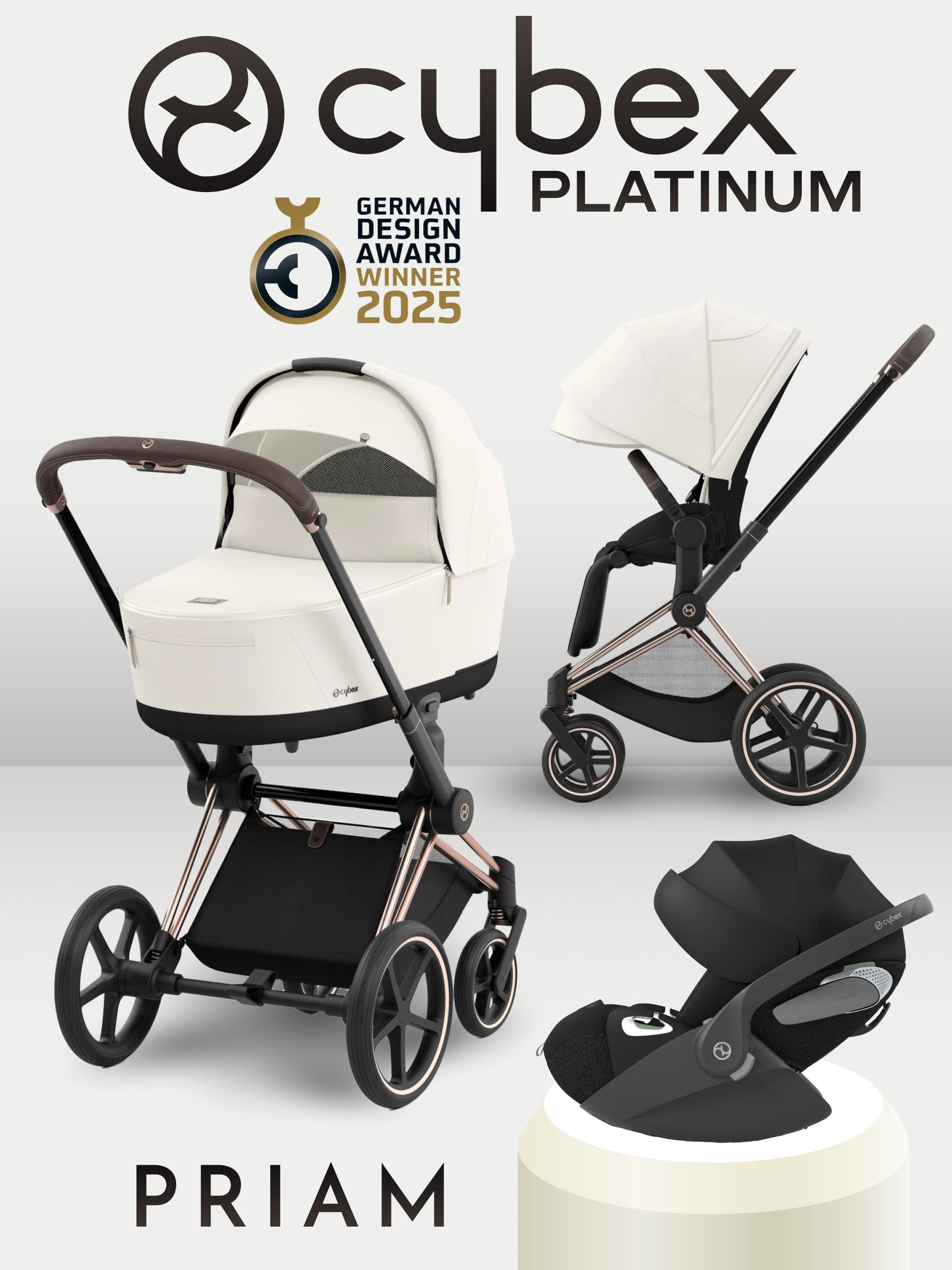 Cybex Priam IV 3 в 1 Rosegold цвет Off White с автокреслом Cybex Cloud T i-Size Sepia Blacк, коляска