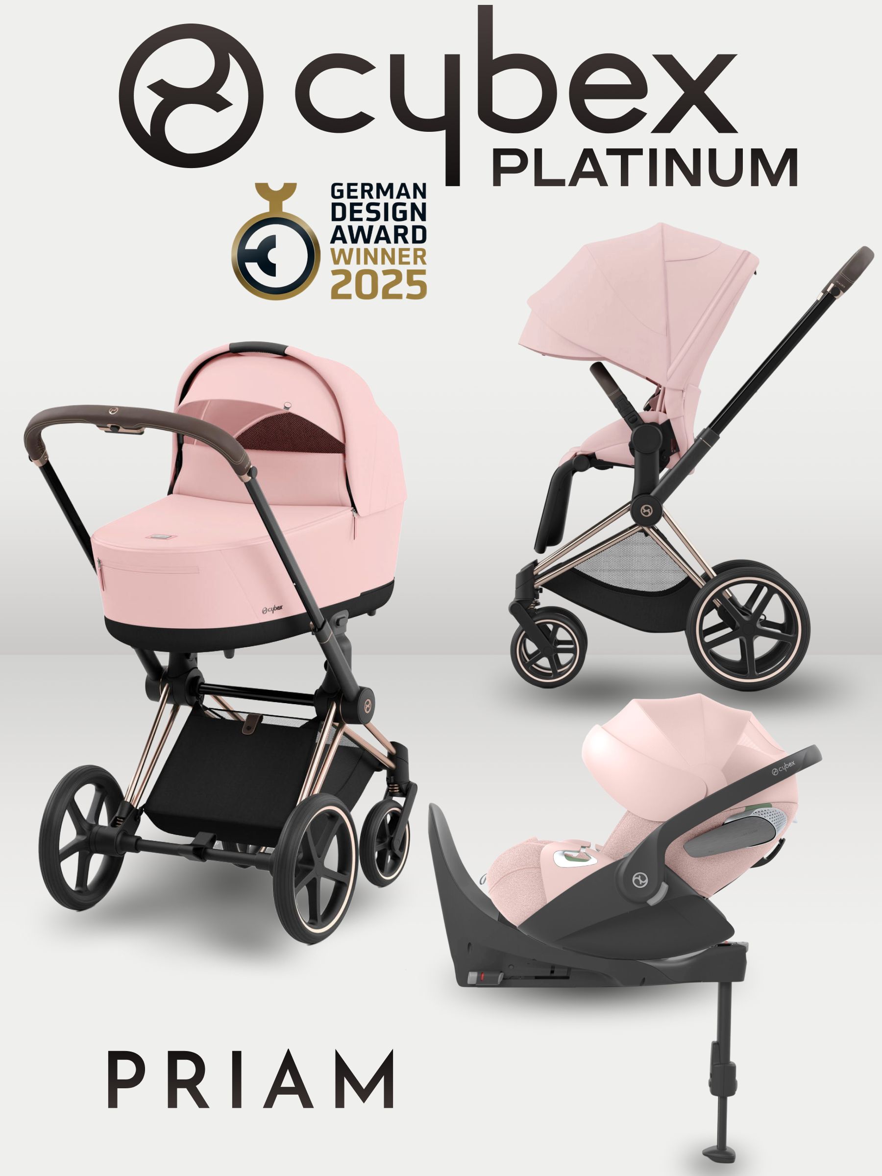 Cybex Priam IV 4 в 1 Rosegold цвет Peach Pink с автокреслом Cloud T i-Size Plus Peach Pink и базой Base T, коляска