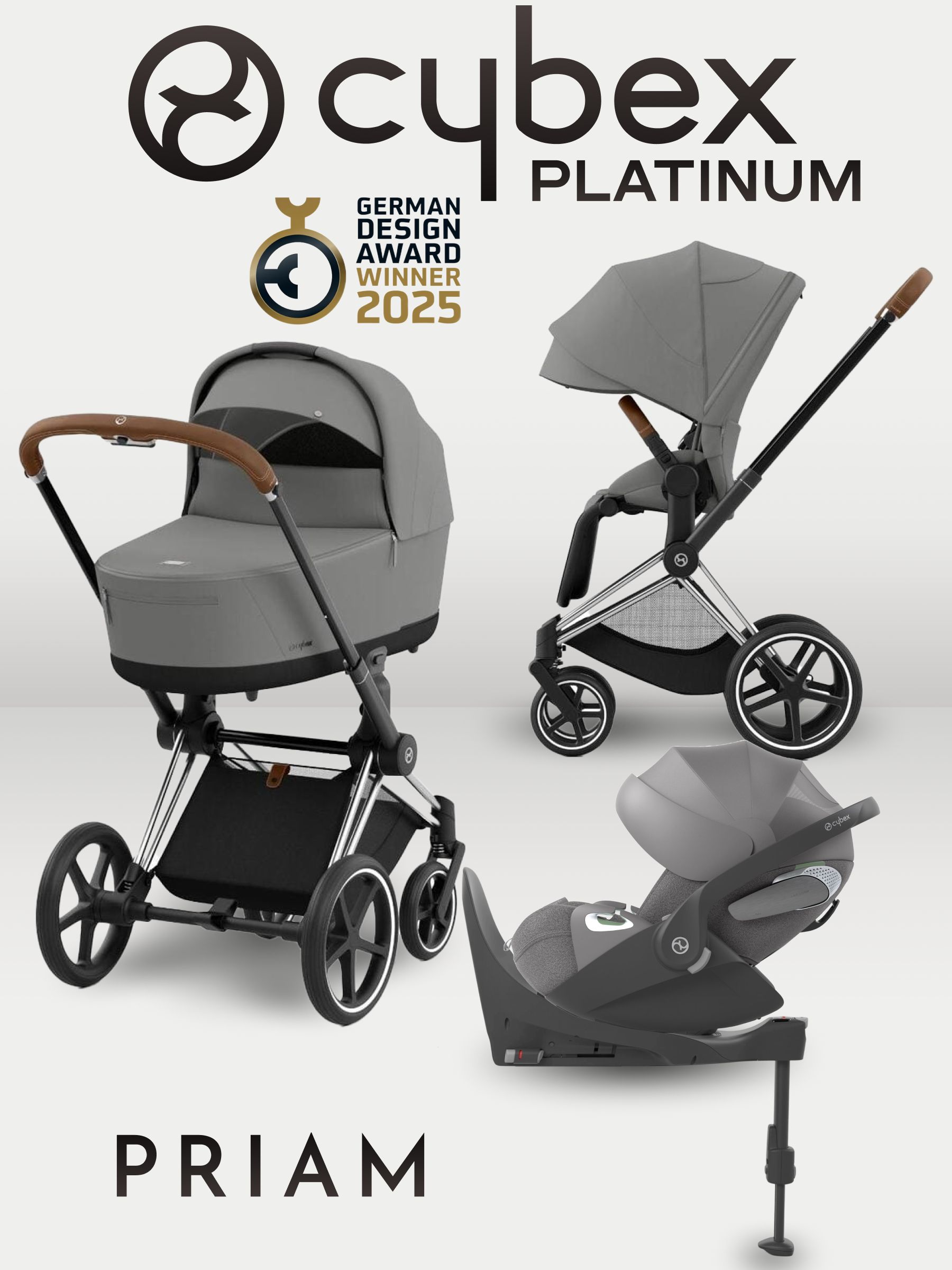 Cybex Priam IV 4 в 1 Chrome Brown цвет Mirage Grey с автокреслом Cloud T i-Size Plus Mirage Grey и базой Base T, коляска