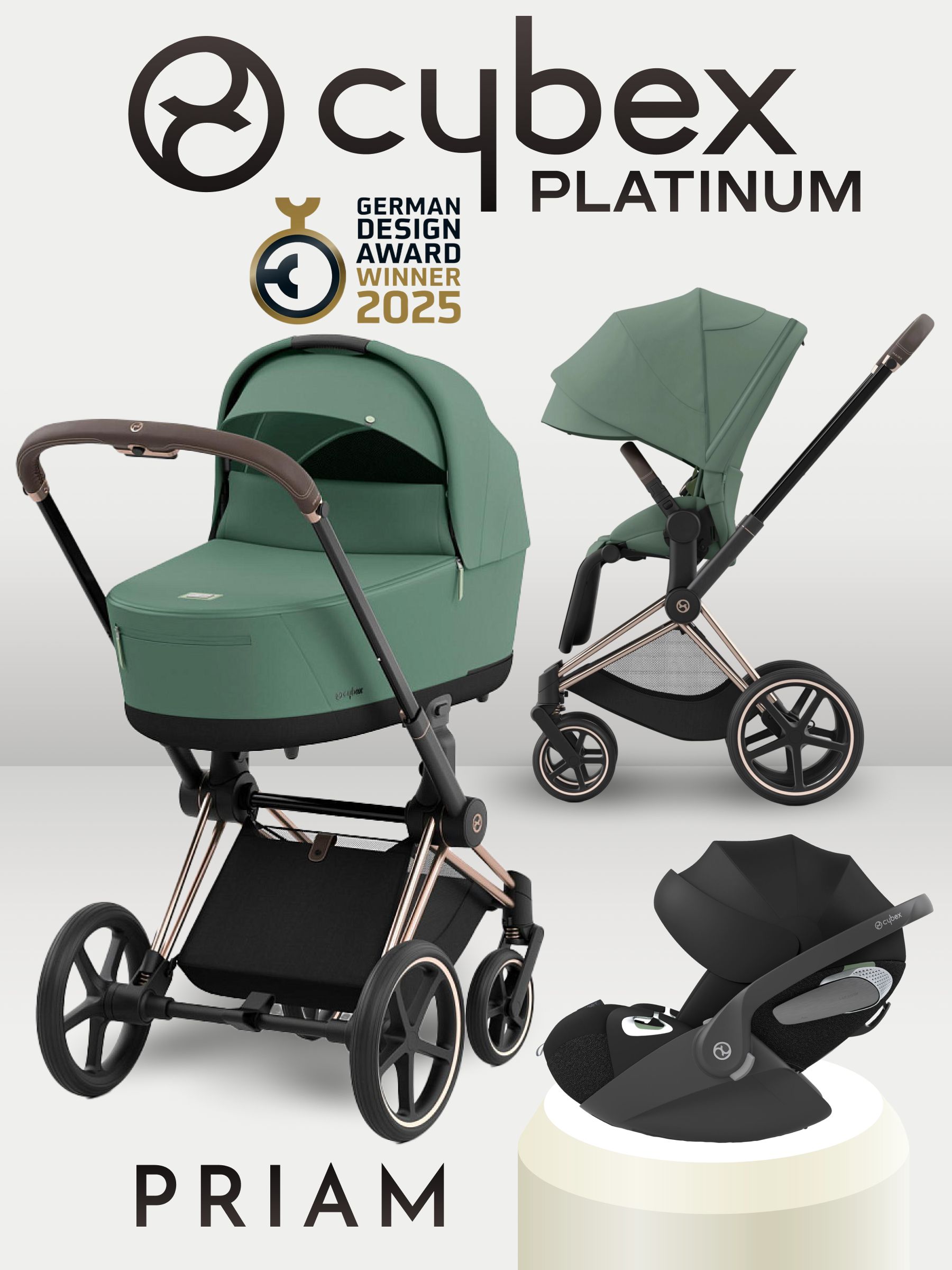 Cybex Priam IV 3 в 1 Rosegold цвет Leaf Green с автокреслом Cybex Cloud T i-Size Sepia Blacк, коляска