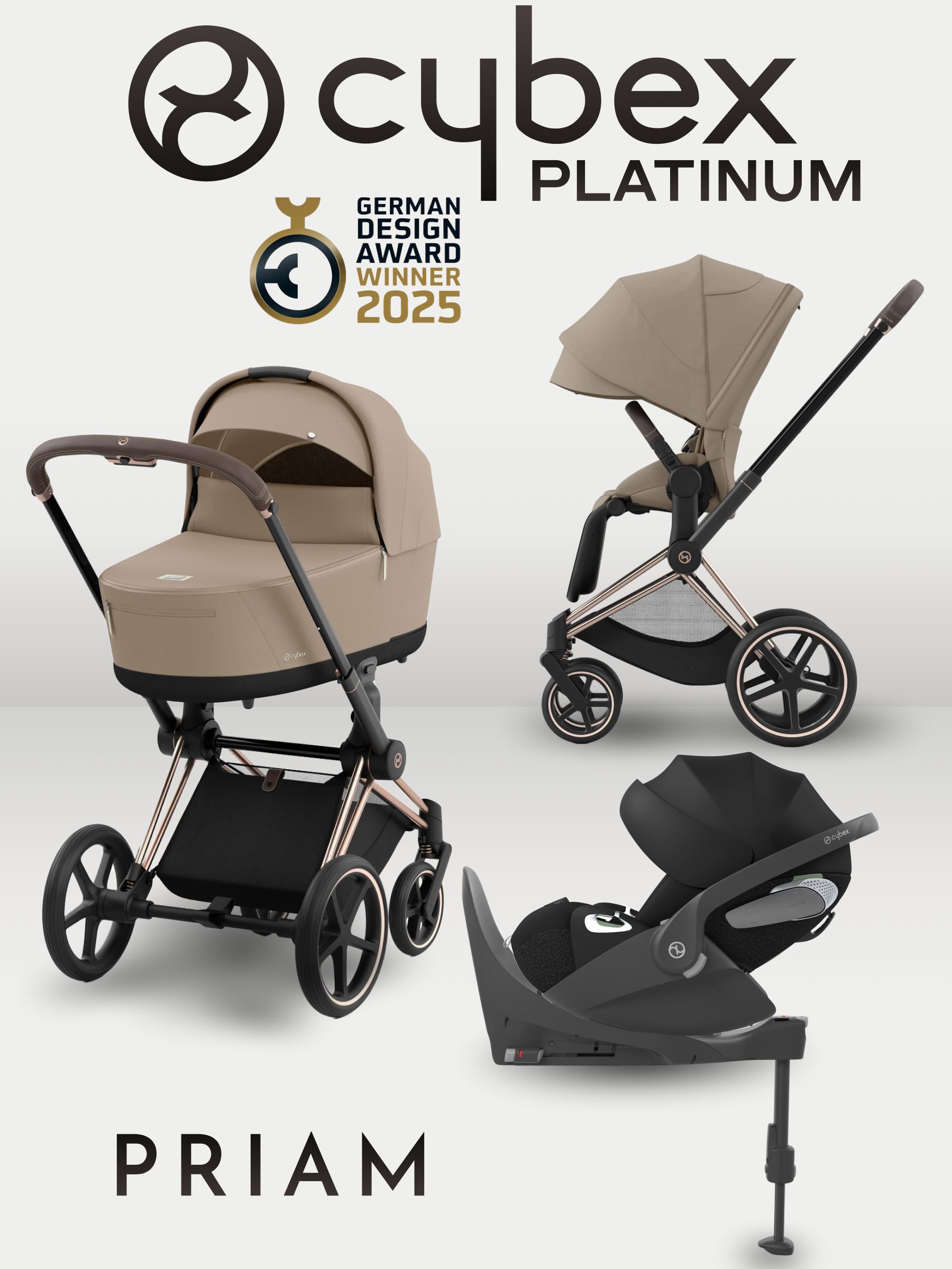 Cybex Priam IV 4 в 1 Rosegold цвет Cozy Beige с автокреслом Cloud T i-Size Sepia Black и базой Base T, коляска