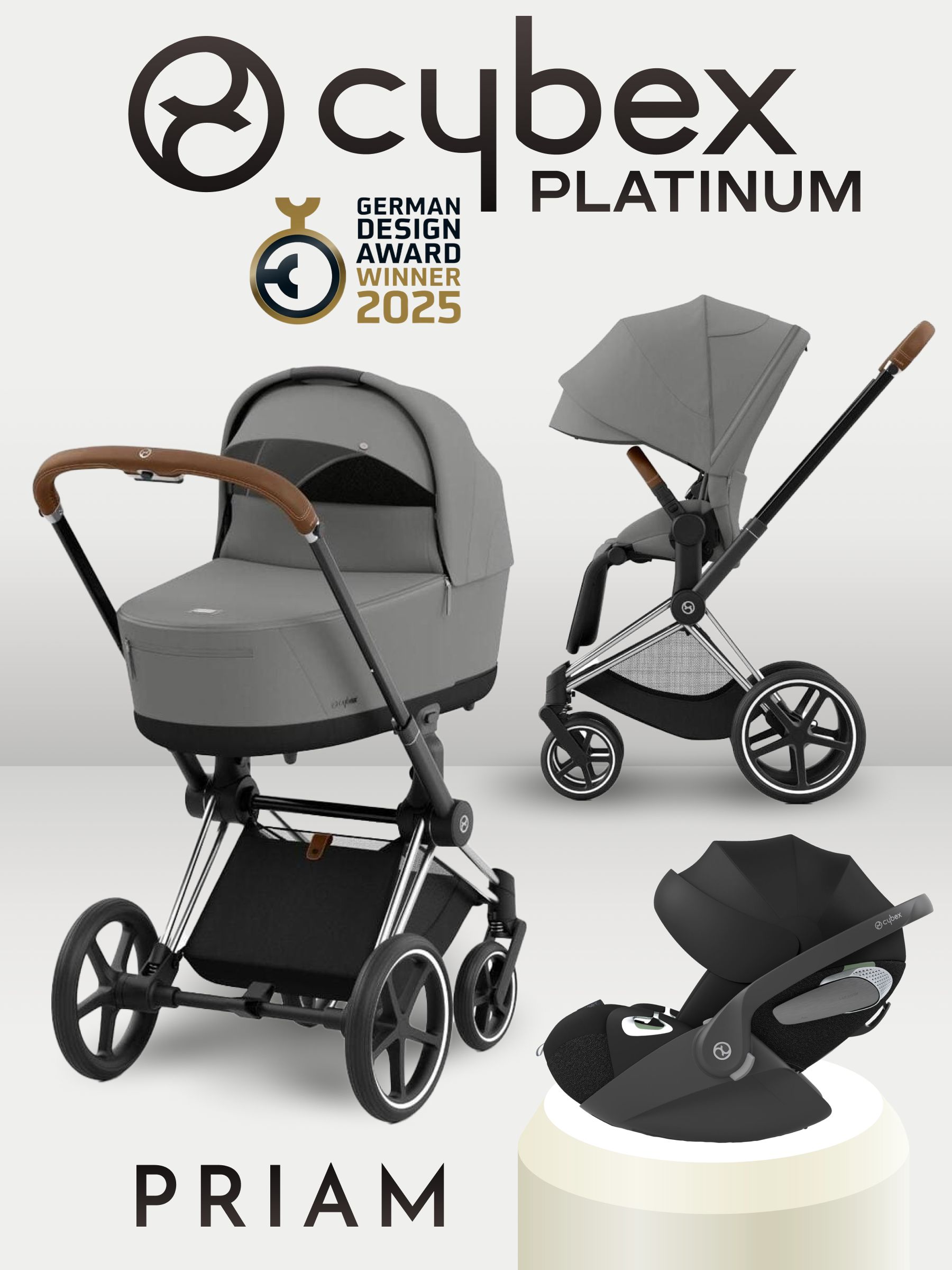 Cybex Priam IV 3 в 1 Chrome Brown цвет Mirage Grey с автокреслом Cybex Cloud T i-Size Sepia Blacк, коляска