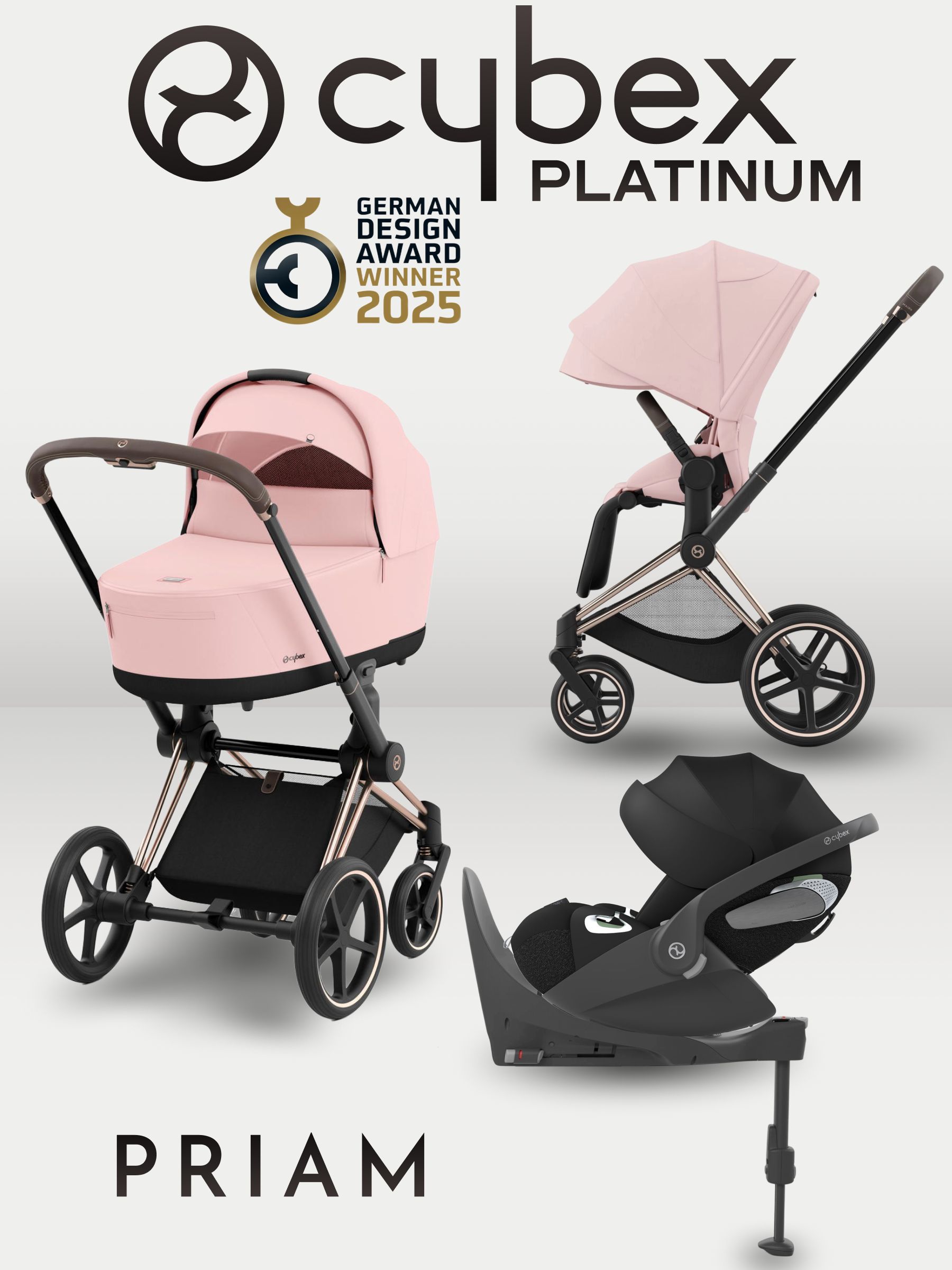 Cybex Priam IV 4 в 1 Rosegold цвет Peach Pink с автокреслом Cloud T i-Size Sepia Black и базой Base T, коляска