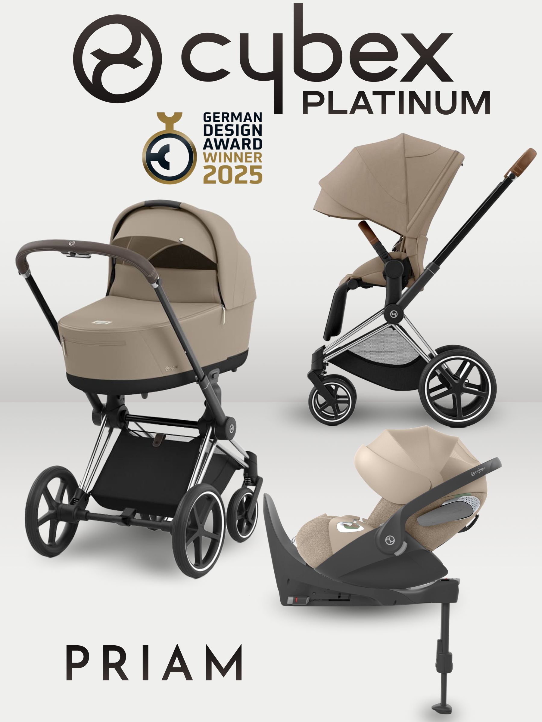Cybex Priam IV 4 в 1 Chrome Brown цвет Cozy Beige с автокреслом Cloud T i-Size Plus Cozy Beige и базой Base T, коляска
