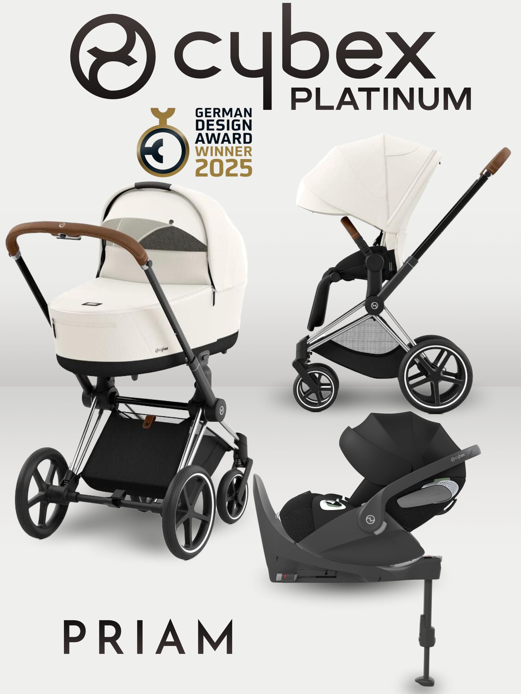 Cybex Priam IV 4 в 1 Chrome Brown цвет Off White с автокреслом Cloud T i-Size Sepia Black и базой Base T, коляска