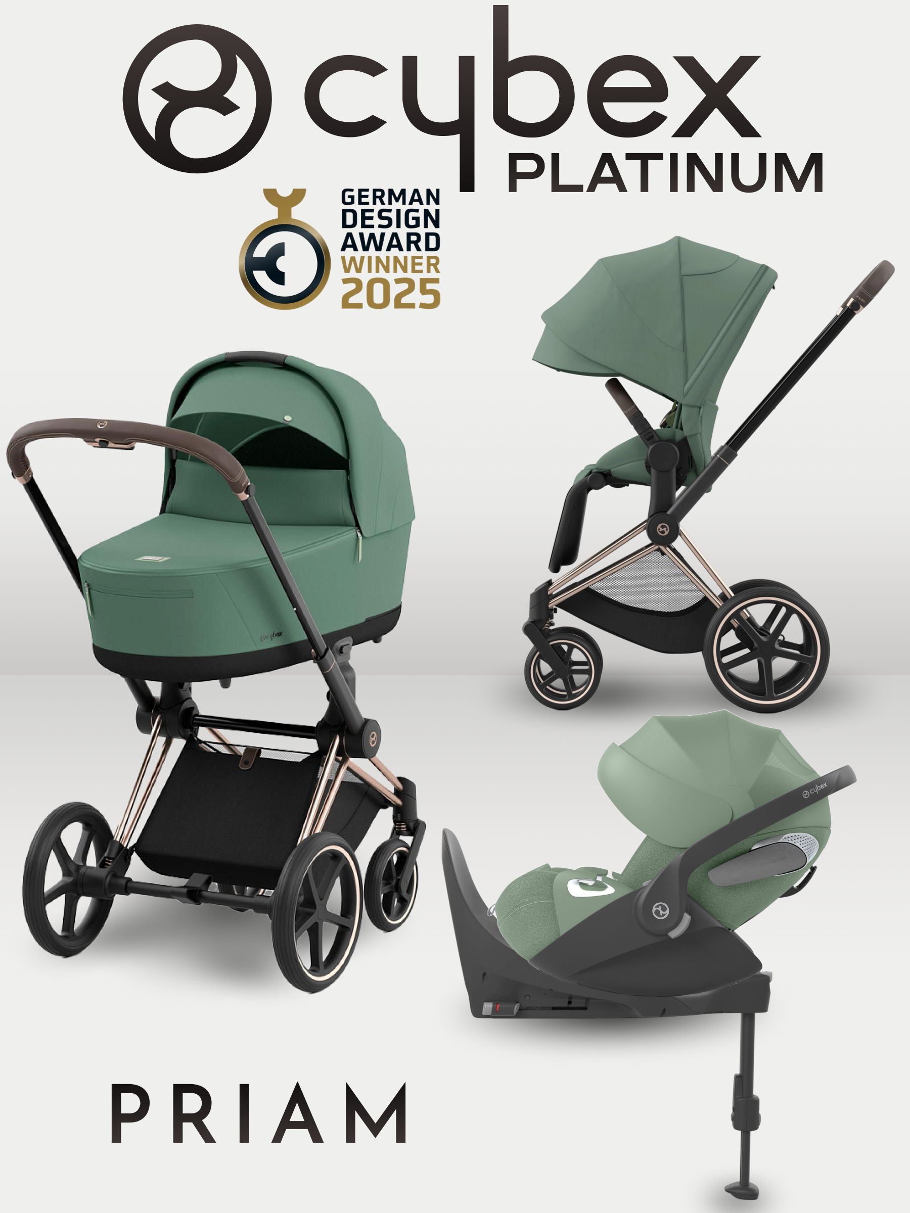 Cybex Priam IV 4 в 1 Rosegold цвет Leaf Green с автокреслом Cloud T i-Size Plus Leaf Green и базой Base T, коляска