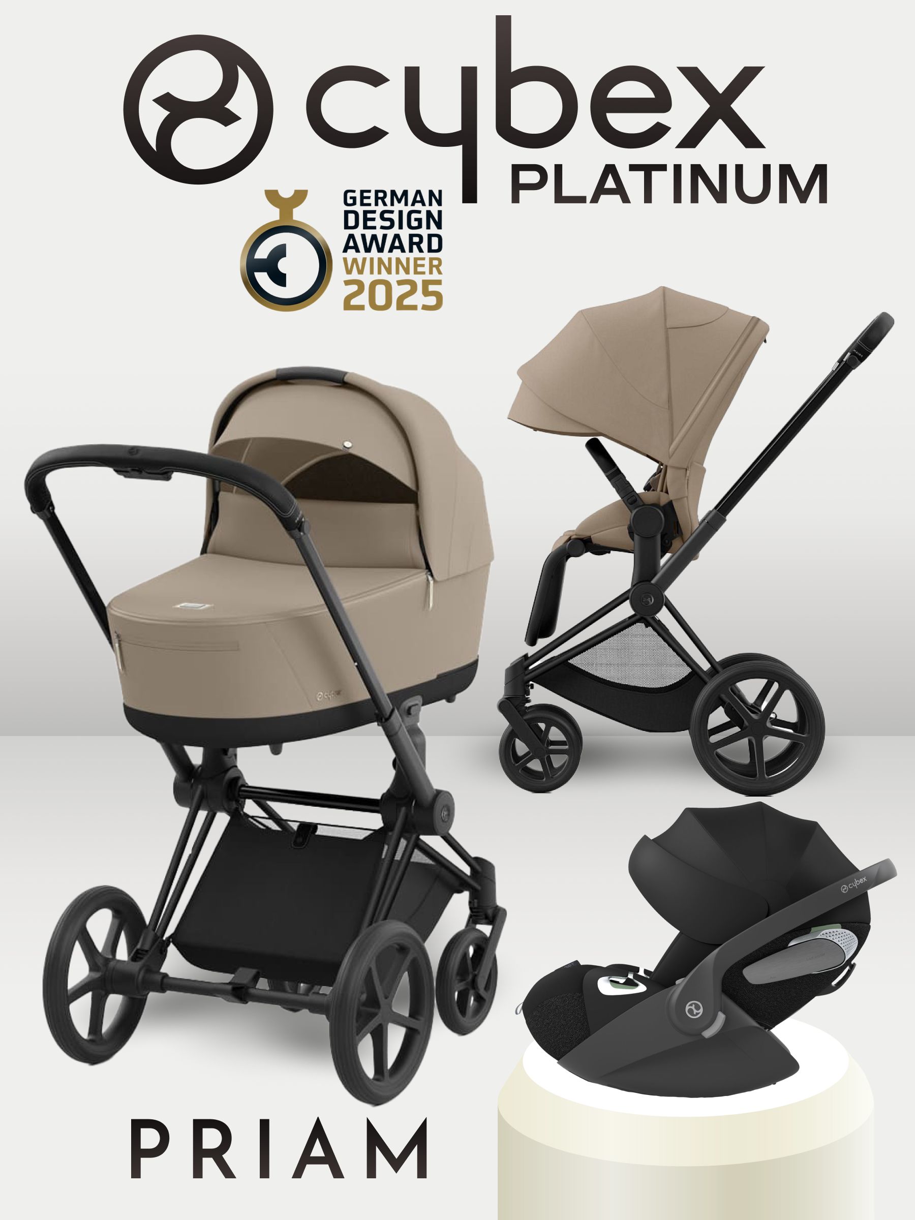 Cybex Priam IV 4 в 1 Matt Black цвет Cozy Beige с автокреслом Cloud T i-Size Sepia Black и базой Base T, коляска