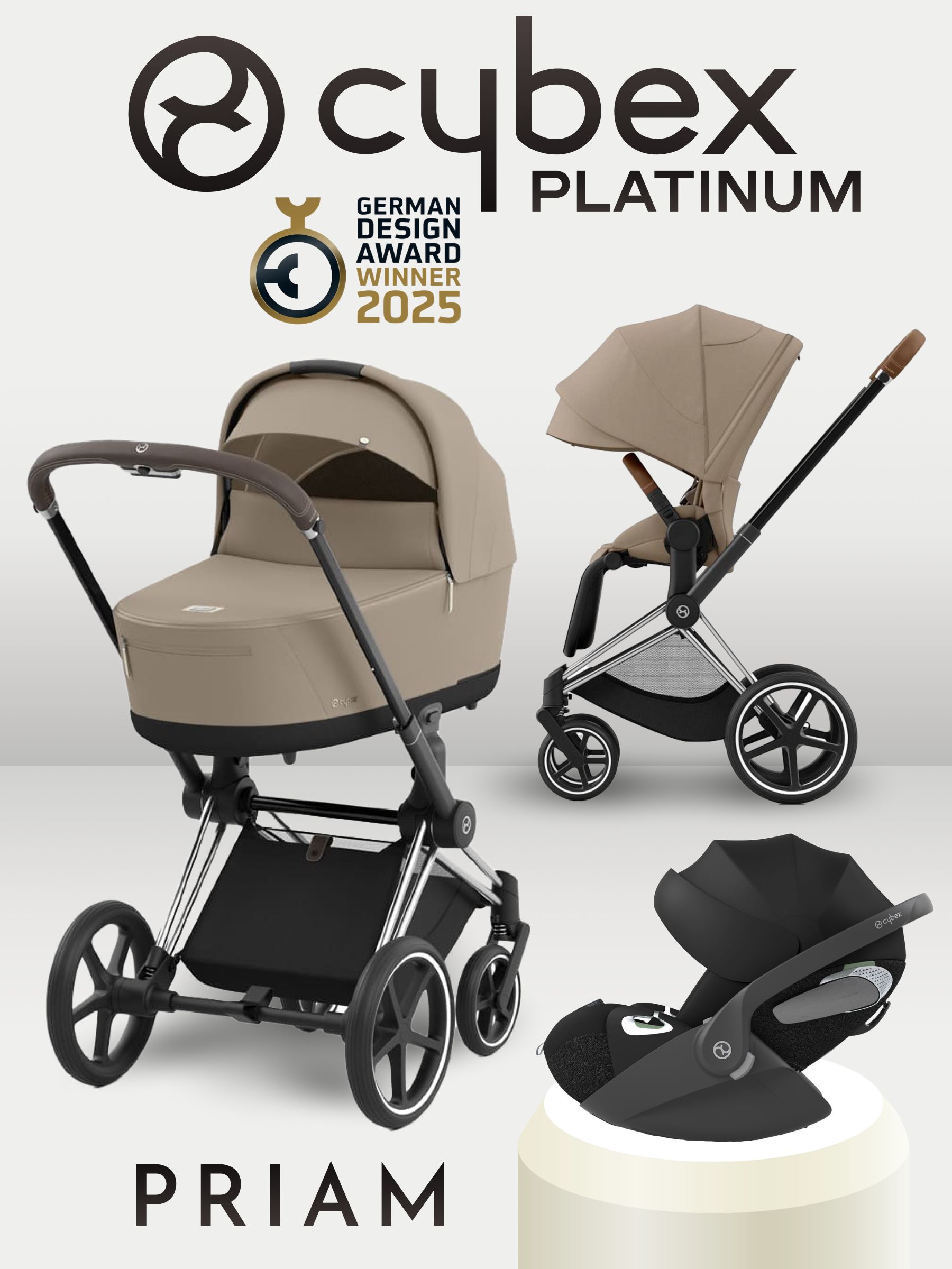 Cybex Priam IV 3 в 1 Chrome Brown цвет Cozy Beige с автокреслом Cybex Cloud T i-Size Sepia Blacк, коляска