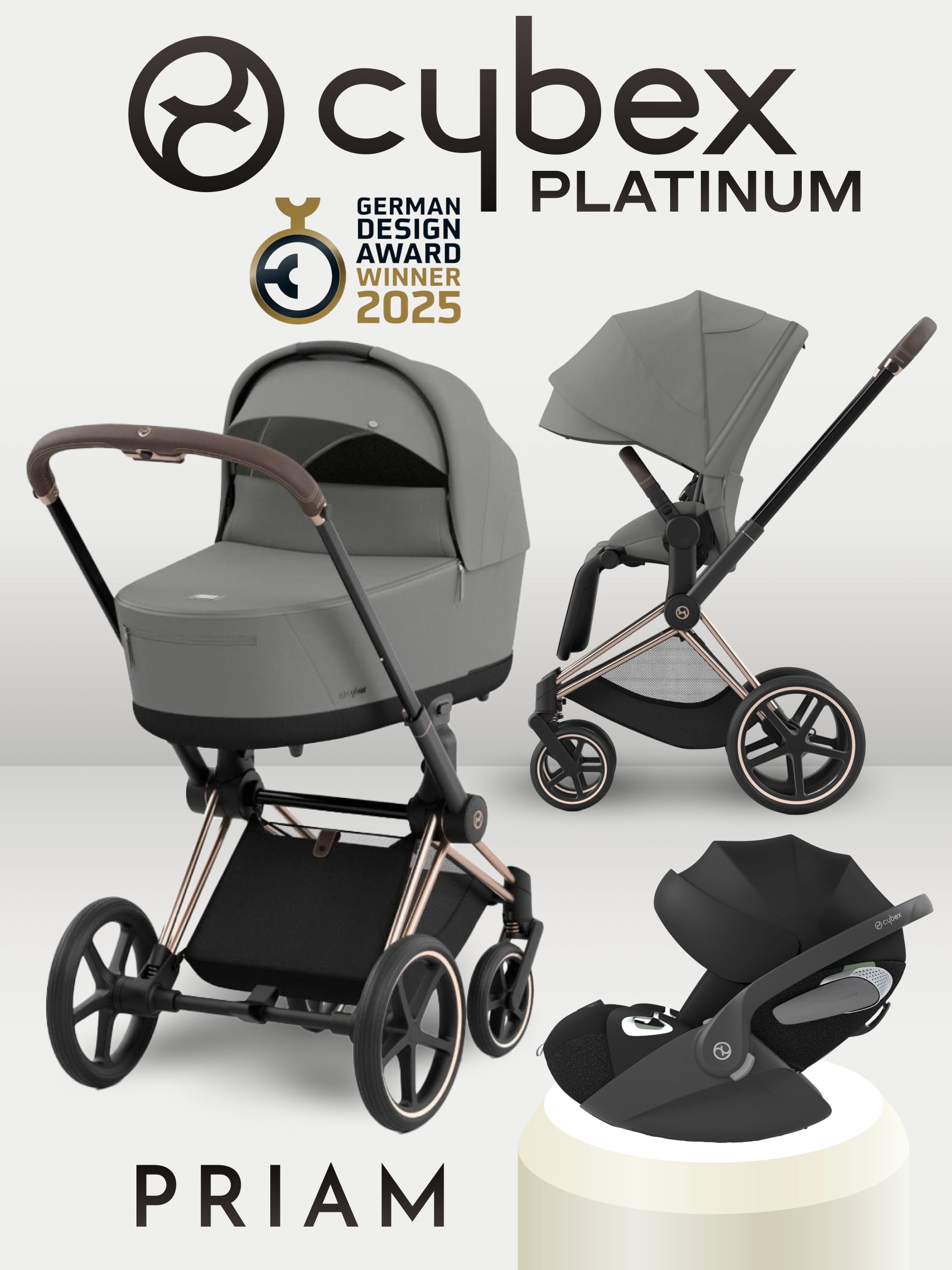 Cybex Priam IV 3 в 1 Rosegold цвет Mirage Grey с автокреслом Cybex Cloud T i-Size Sepia Blacк, коляска