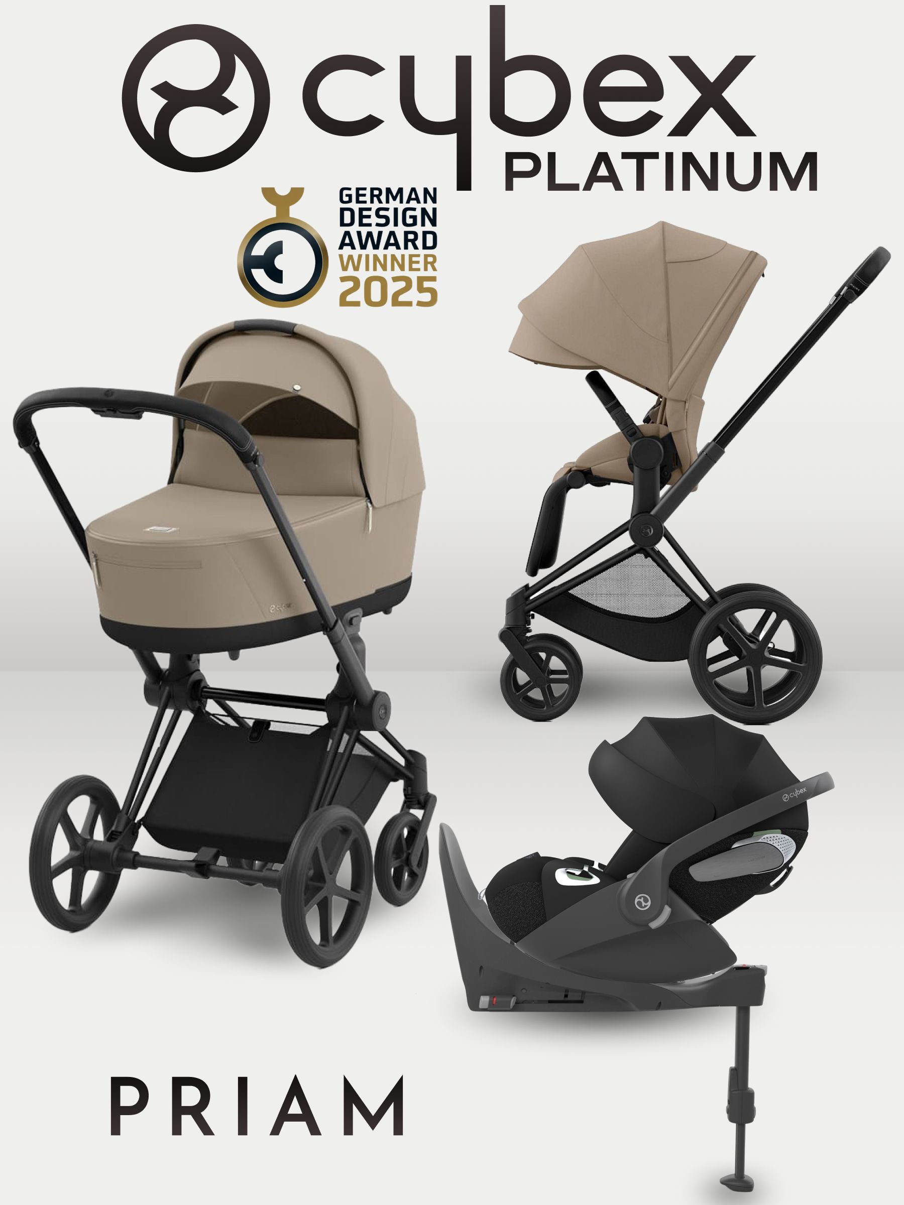 Cybex Priam IV 4 в 1 Matt Black цвет Cozy Beige с автокреслом Cloud T i-Size Sepia Black и базой Base T, коляска