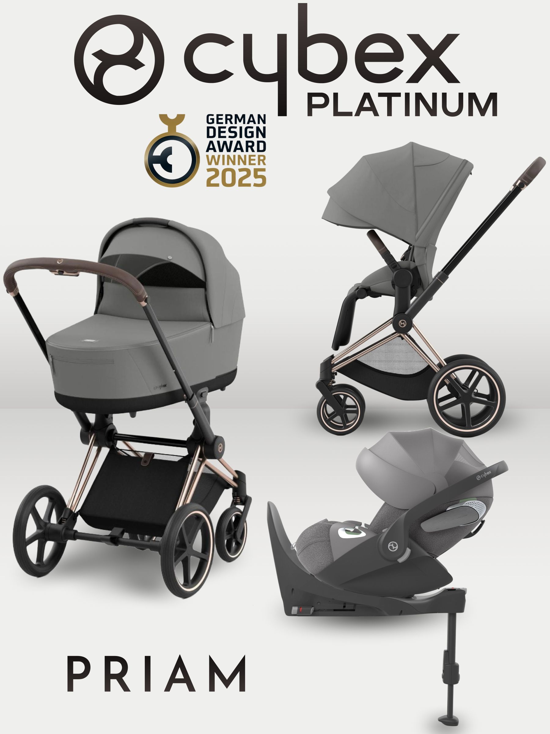 Cybex Priam IV 4 в 1 Rosegold цвет Mirage Grey с автокреслом Cloud T i-Size Plus Mirage Grey и базой Base T, коляска