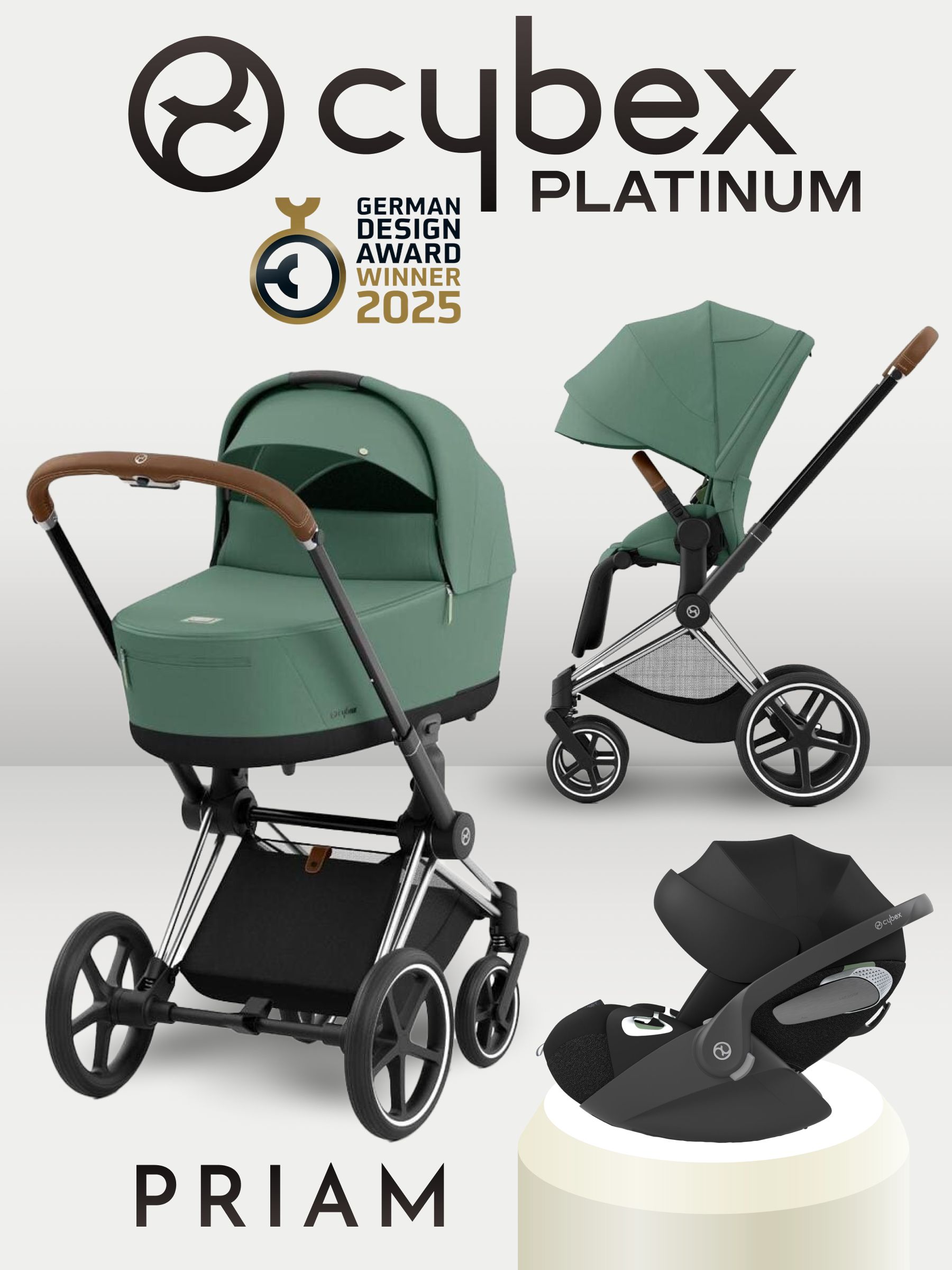 Cybex Priam IV 3 в 1 Chrome Brown цвет Leaf Green с автокреслом Cybex Cloud T i-Size Sepia Blacк, коляска