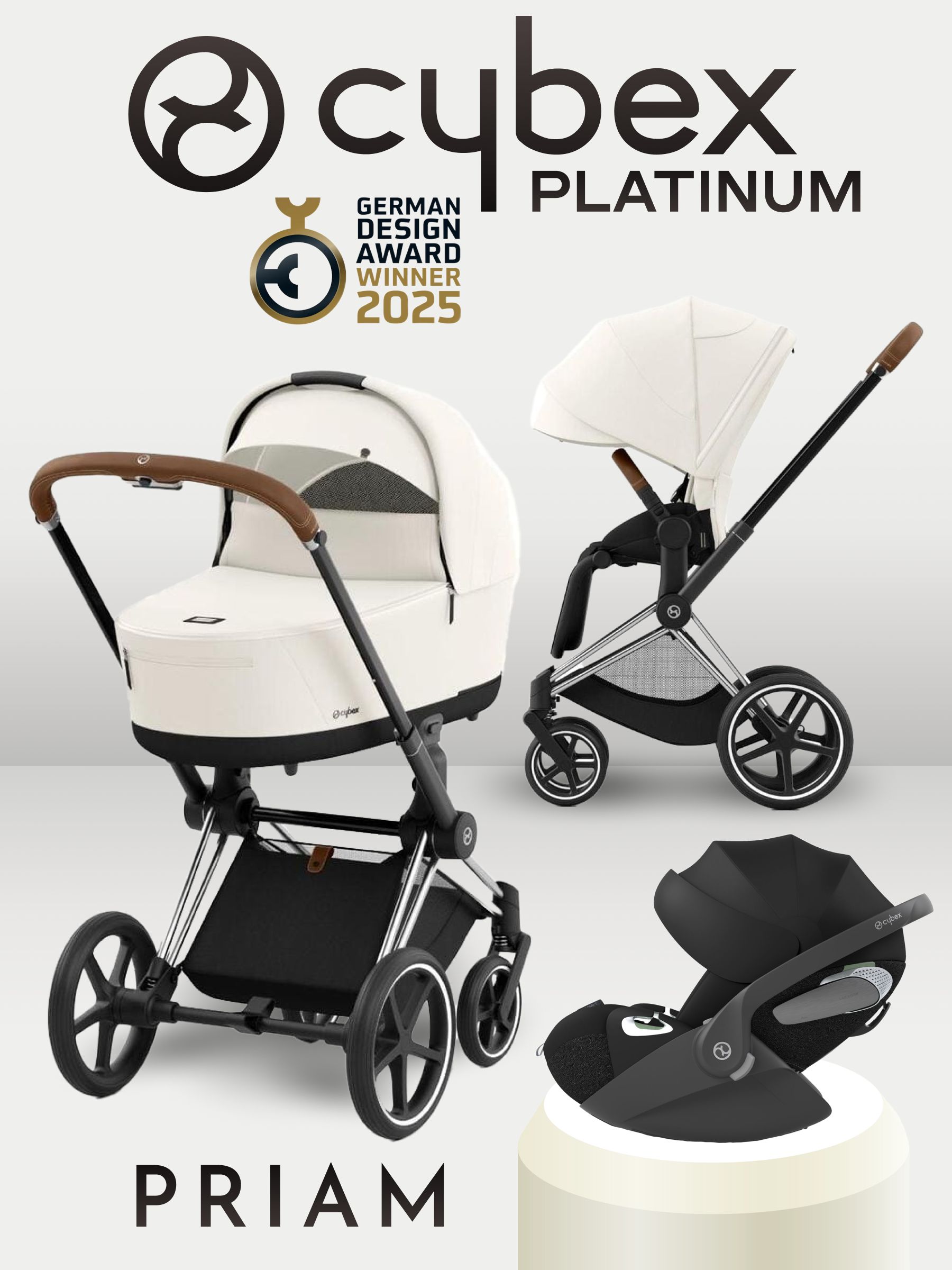 Cybex Priam IV 4 в 1 Chrome Brown цвет Off White с автокреслом Cloud T i-Size Sepia Black и базой Base T, коляска