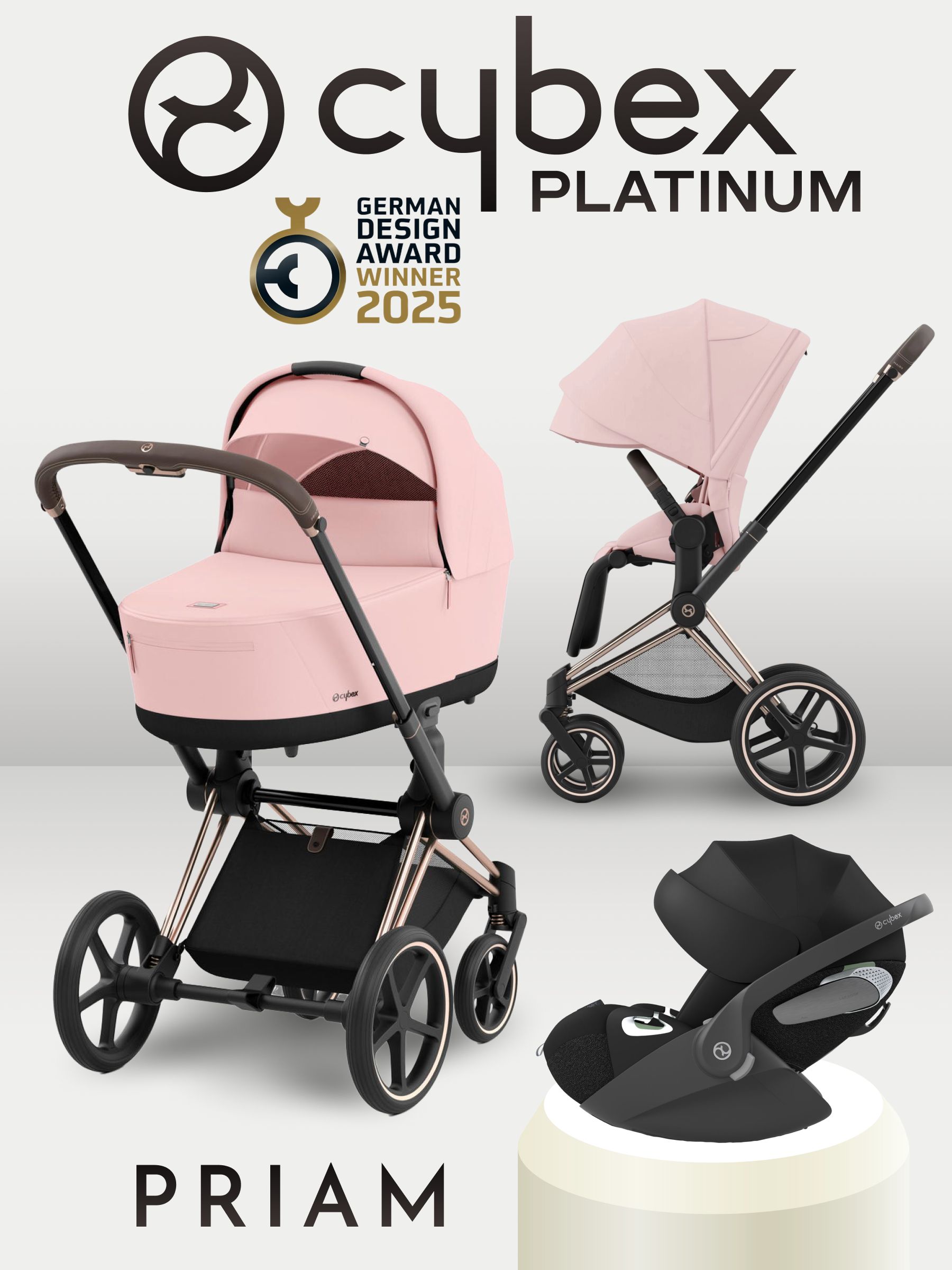 Cybex Priam IV 4 в 1 Rosegold цвет Peach Pink с автокреслом Cloud T i-Size Sepia Black и базой Base T, коляска