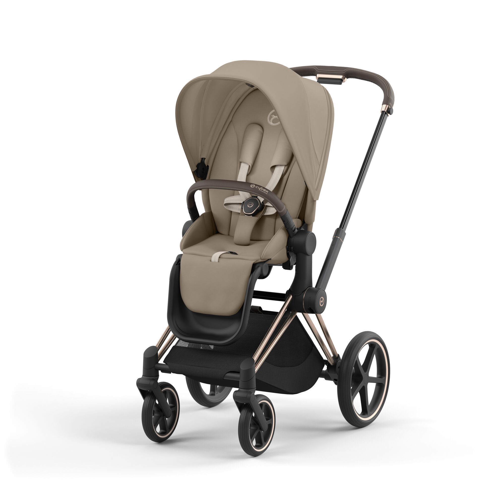 Cybex Priam IV 3 в 1 Rosegold цвет Cozy Beige с автокреслом Cybex Cloud T i-Size Sepia Blacк, коляска